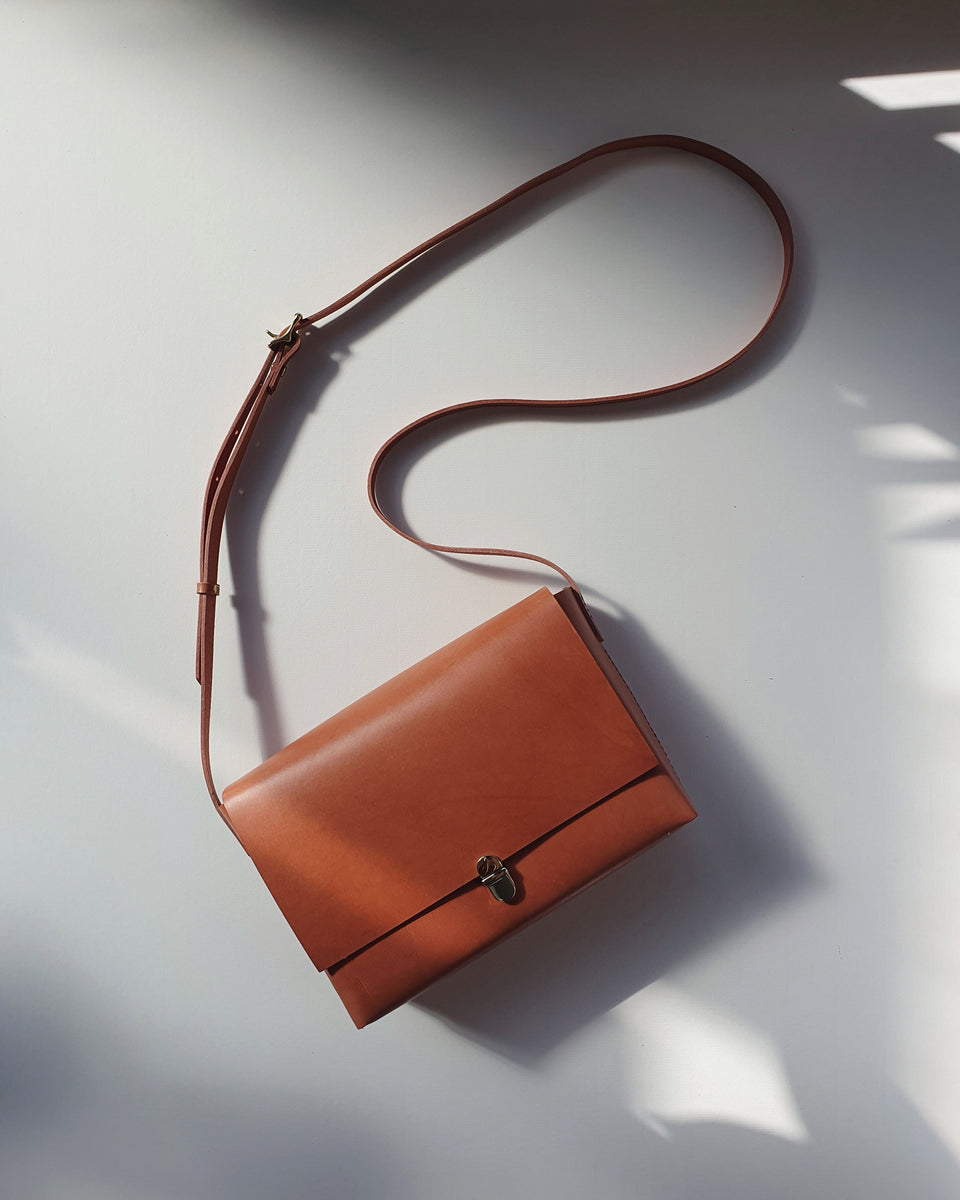 Tan Leather Box Crossbody Bag